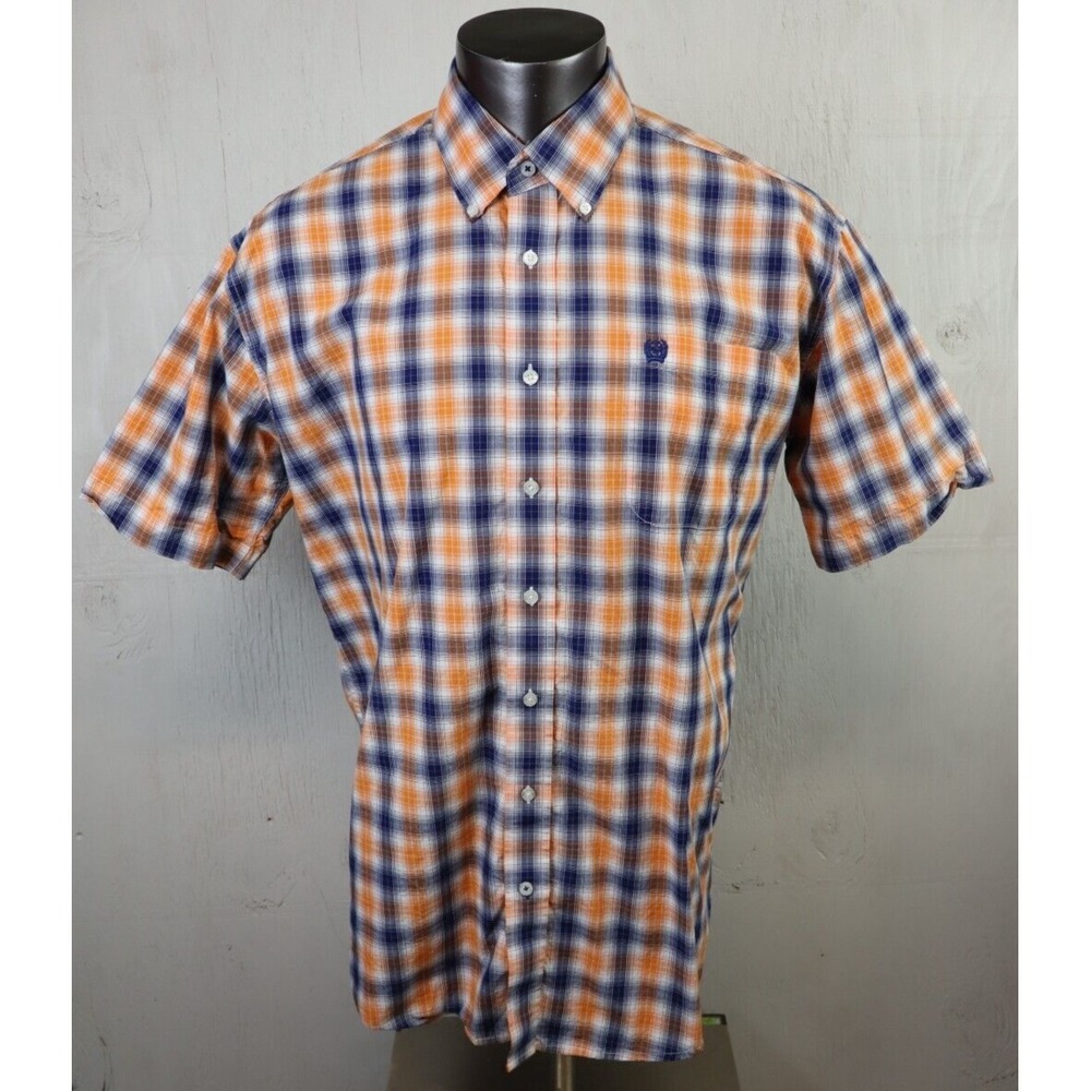 Mens Cinch Western Short Sleeve Button Front Shirt Orange Blue Plaid Size L